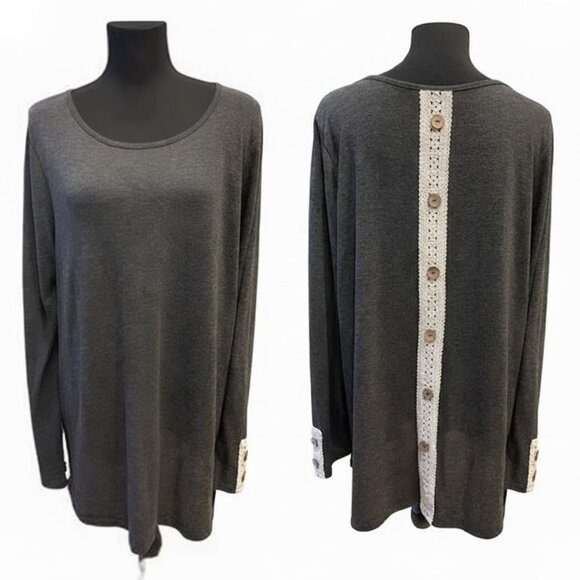 ladies charcoal tunic 3X A-line button lace crochet detail boho long sleeve - Picture 1 of 8